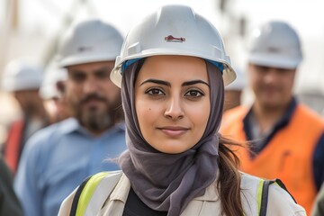 Adult female arabian engineer with white helmet, standing in building site.