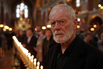 A solemn portrait of an elderly man with a contemplative expression, standing in a church with a line of lit candles and blurred congregation in the background, capturing a moment of reflection and sp