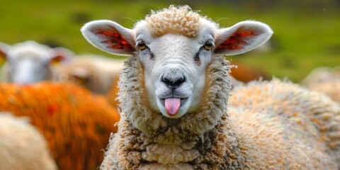 Wall Mural - Laughing sheep with her tongue sticking out in a green, fresh meadow.