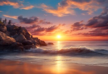 Wall Mural - the oil light digital travel sea ai ocean painting beautiful sunrise landscape nature generate sunset horizon view