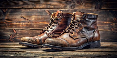 Canvas Print - Vintage brown leather boots with a worn and distressed look, vintage, leather, boots, worn, distressed, retro, style, fashion