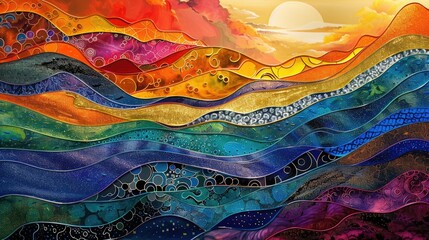 Wall Mural - contemporary art piece with layers of vibrant colors and intricate patterns, inviting the viewer to 