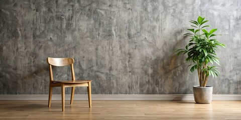 Poster - Wooden chair with plant against grey concrete wall , wood, chair, plant, grey, concrete, wall, interior design, minimalistic, decor