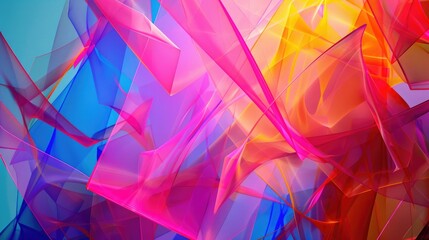 Wall Mural - contemporary art piece with overlapping translucent shapes in bright neon colors, creating a lively 