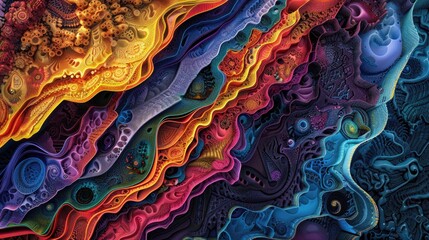 Wall Mural - contemporary art piece with layers of vibrant colors and intricate patterns, inviting the viewer to 