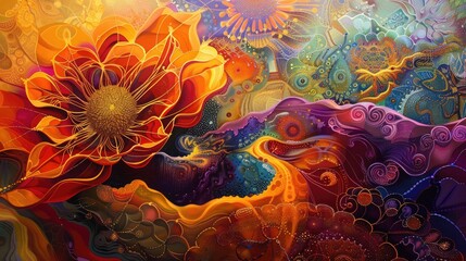 Wall Mural - contemporary art piece with layers of vibrant colors and intricate patterns, inviting the viewer to 