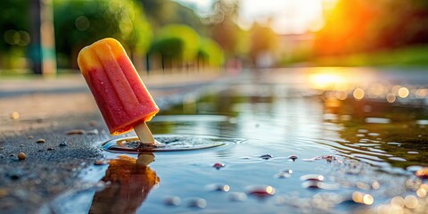 Poster - Melting popsicle in a summer puddle , melting, popsicle, summer, puddle, hot, refreshing, sweet, treat, dripping, colorful