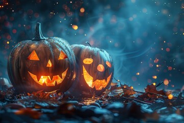 Two illuminated jack-o'-lanterns sitting on the ground with fog and falling leaves during halloween night