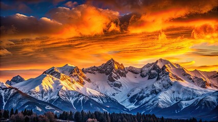 Poster - Sunset casting a warm glow over snow-capped mountains, sunset, mountains, snow-capped, warm glow, sky, scenic, landscape