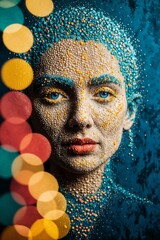 Sticker - AI generated illustration of a person with artistic face paint and colorful bokeh lights