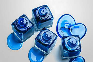 Sticker - Blue nail polish in bottles on light background, top view