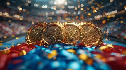 Wall Mural - Olympic medals for awarding winners with multi-colored ribbons on the background of the stadium