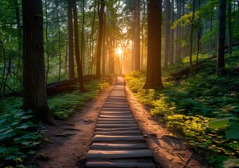 Sticker - Sunrise Through Trees On A Wooden Path