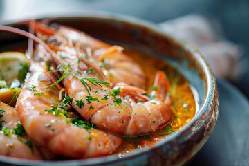 Wall Mural - Michelin starred French Marseille Style Shrimp Stew, food photography