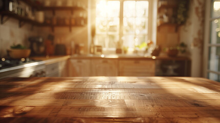 Wooden board empty table in front, bakcground beautiful modern sunlit kitchen in the depth of field. We see a window in the background, the light is warm morning sunlight