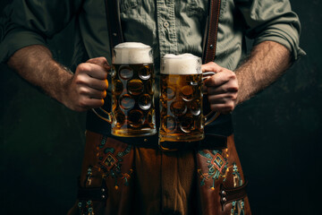 Wall Mural - Man in traditional Bavarian attire holding two frothy beer mugs, showcasing the essence of Oktoberfest.