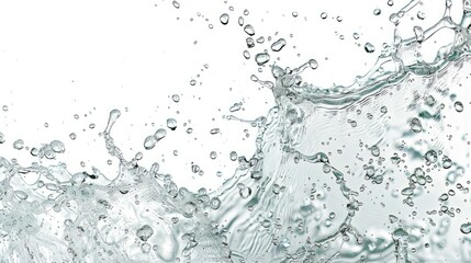 Wall Mural - Water splashes displaying movement with air bubbles on a white background with empty space for text