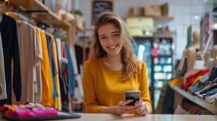 Wall Mural - Happy woman using smartphone doing online payment at fashion store.