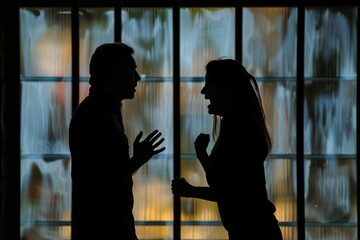 a man and a woman arguing face to face black background silhouette window background