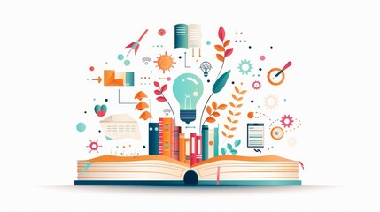 Learning and development, books and computer icons, flat design illustration
