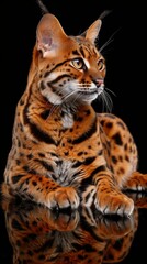 Wall Mural - Side view of bengal cat lying on black background reflection in the floor