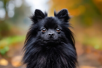 Poster - A black dog sitting in the middle of leaves