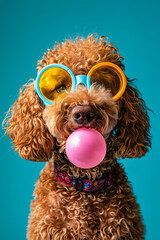 Canvas Print - A dog wearing sunglasses and chewing on a bubble gum