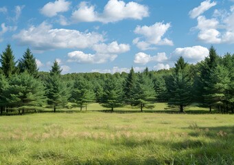 Wall Mural - Green Meadow with Pine Trees Under Blue Sky