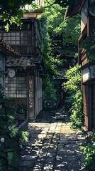 Sticker - Japanese Style Alleyway With Green Plants And Cobblestones