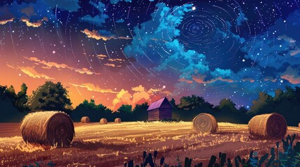 Sticker - Rural Landscape with Straw Rolls Under Starry Sky Vibrant Agricultural Scene at Twilight