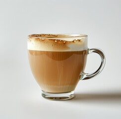 Front view one glass cup with handles filled with cortado in white background product photography