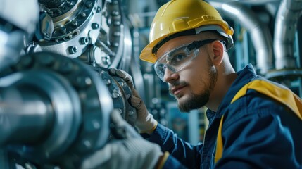 Engineer wearing safety gear, inspecting machinery in an industrial plant, emphasizing attention to detail and safety protocols.