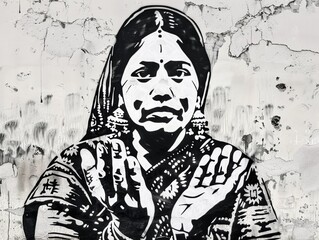 Poster - Black and white stencil of nepal woman cupped hands