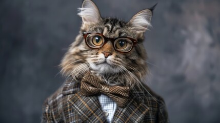 Wall Mural - Ultra realistic photo detailed photo smart smiling cat with glasses in a tailcoat and a bow tie