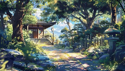 Wall Mural - Anime illustration of a view of a green hill blowing in the wind anime style