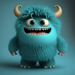 Poster - a blue furry monster with horns and big eyes