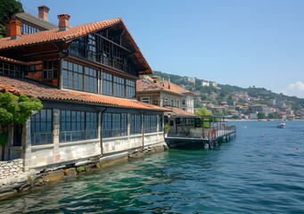 Canvas Print - Waterfront Building with Red Roof and Large Windows