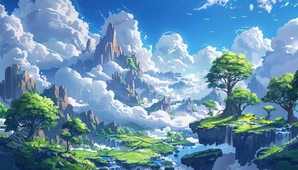 Wall Mural - Anime illustration of a view of a green hill blowing in the wind