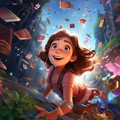 Poster - a cartoon girl is flying through the air