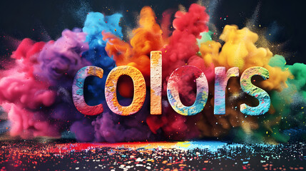 Wall Mural - color palette gradient splash powder or paint explosion effect with the text letters of colors in 3d as wide commercial poster banner