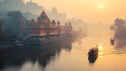 Wall Mural - picturesque view of an ancient temple with ornate architecture, nestled beside a serene river with a
