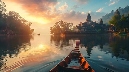 Wall Mural - picturesque view of an ancient temple with ornate architecture, nestled beside a serene river with a