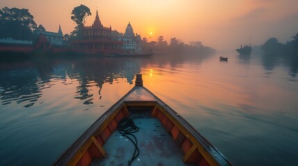 Wall Mural - sunrise over a renowned temple by the river, casting a beautiful reflection on the water with a smal