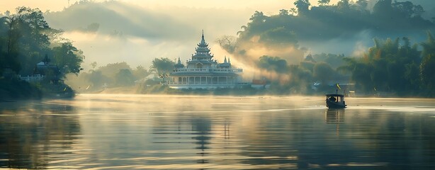 Wall Mural - Early morning light over a temple by the river, with mist rising from the water and a boat drifting in the foreground, creating a serene atmosphere. copy space for text, focus cover all aspect, deep