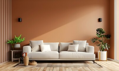 Bright and cozy modern living room interior have sofa and plant with brown wall- 3D rendering