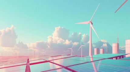 Hyper realistic vintage design wind turbines and solar panels, retro renewable energy technology concept