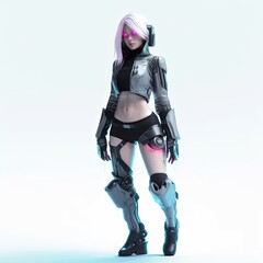 Poster - a woman in a futuristic suit standing in front of a white background