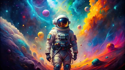 Wall Mural - Astronaut surrounded by vibrant colors depicting exploration and wonder, astronaut, vibrant, colors, cosmos, space