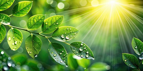 Poster - Green leaves with water drops glistening in the sunlight, nature, plant, fresh, dew, wet, summer, close-up, environment