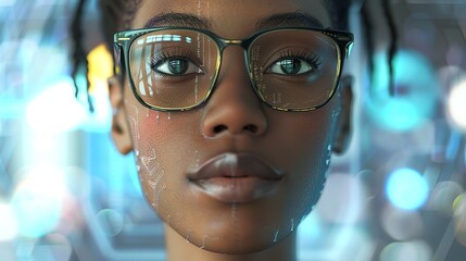 An Asian woman with a face created from computer code. The image reflects the idea of technology and its impact on human identity